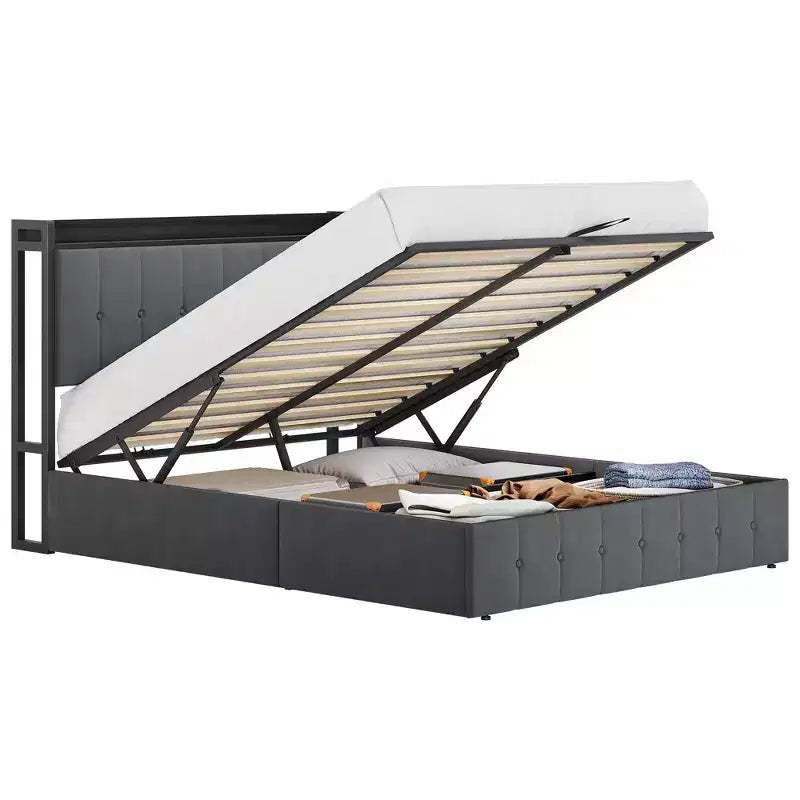 Full-size lift-up storage bed, velvet upholstered frame, headboard with storage, no spring mattress required, solid wood slats, quiet operation.