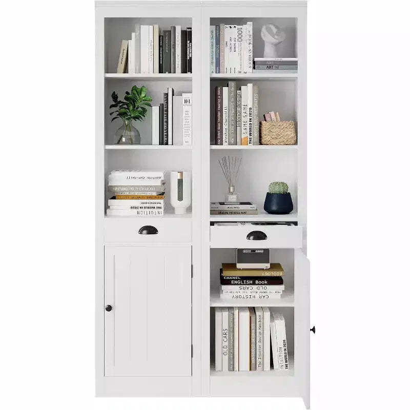 Acekool 71 Tall Bookcase with Cabinet, 3-Shelf Bookcase and Adjustable Storage, Modern Organizer, White, 2-Pack