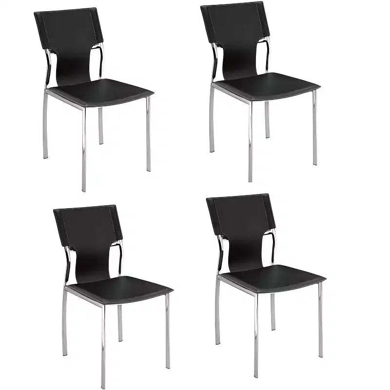 HomeRoots Set of Four Black and Silver Metal and Leather Partially Open Back Dining Side Chairs