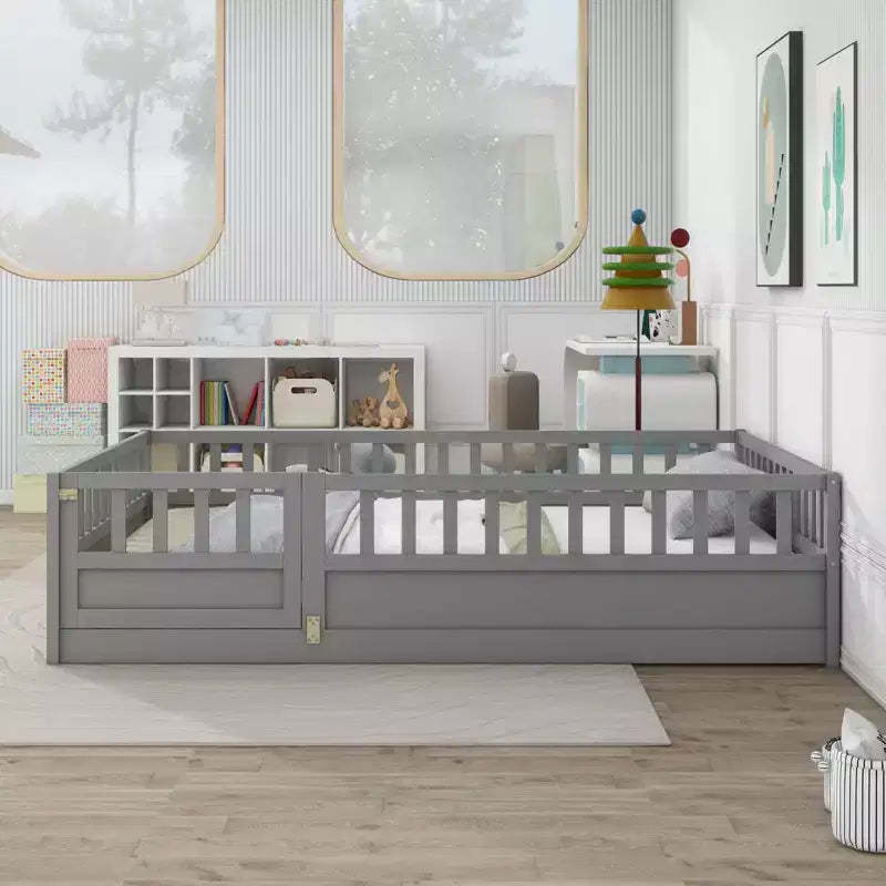 Okak Full Floor Bed Frame with Extra-Tall Safety Rails, Wood Bed Frame with Convenient Entry Door for Bedroom, Gray