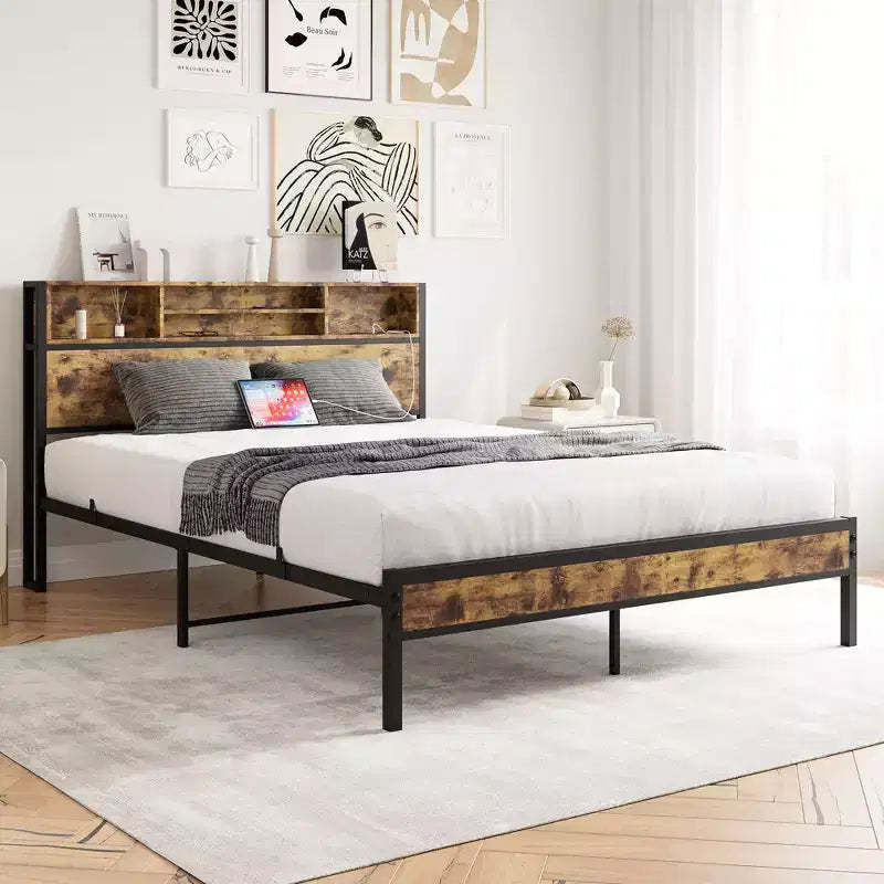 Okak Queen Size Bed Frame with Storage Headboard, Metal Platform Bed with Charging Station, Bookcase Storage for Bedroom, Living Room, Black
