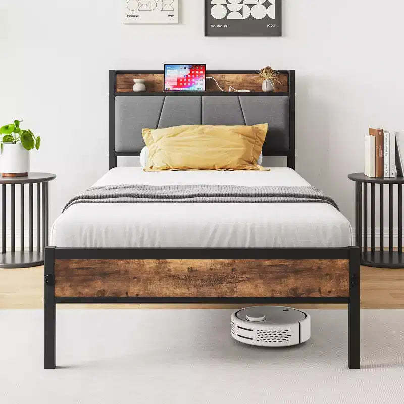 Okak Twin Size Bed Frame with Storage Headboard, Solid Wood Platform Bed with Charging Station for Bedroom, Brown