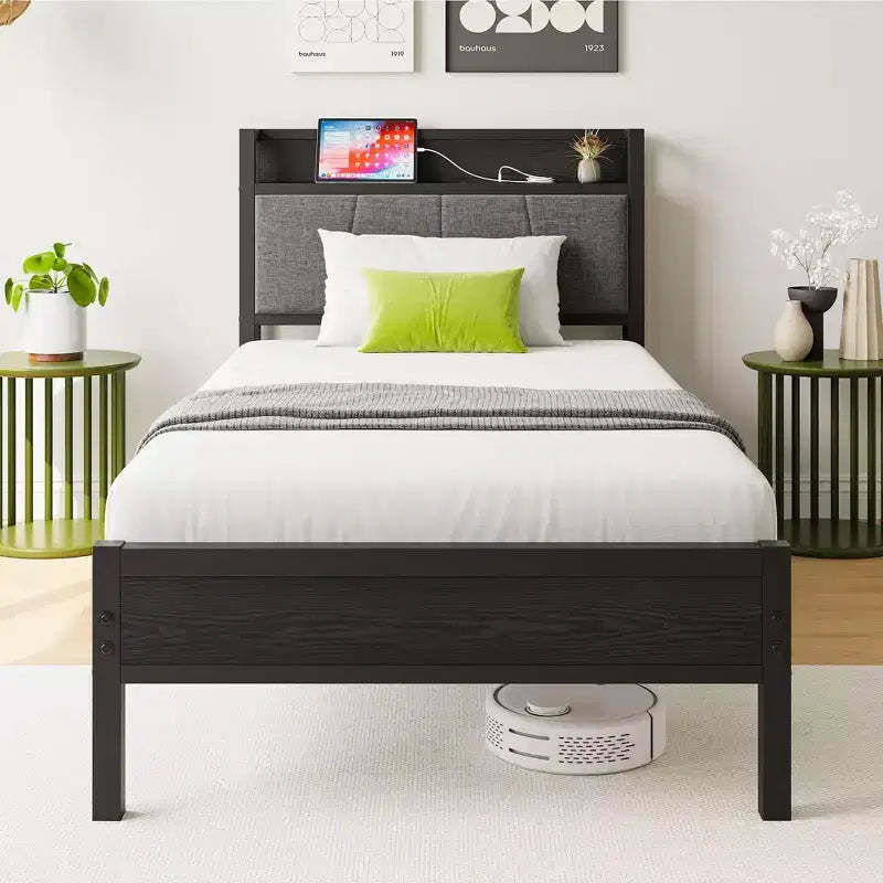 Okak Twin Size Bed Frame with Solid Storage Headboard, Platform Bed with Storage Headboard with Charging Station for Bedroom, Black