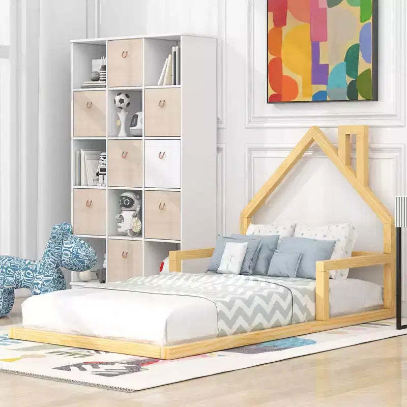 Okak Twin Size Bed Frame with Storage Headboard, Twin Size Wood Floor Bed with House-shaped Headboard for Bedroom, Natural