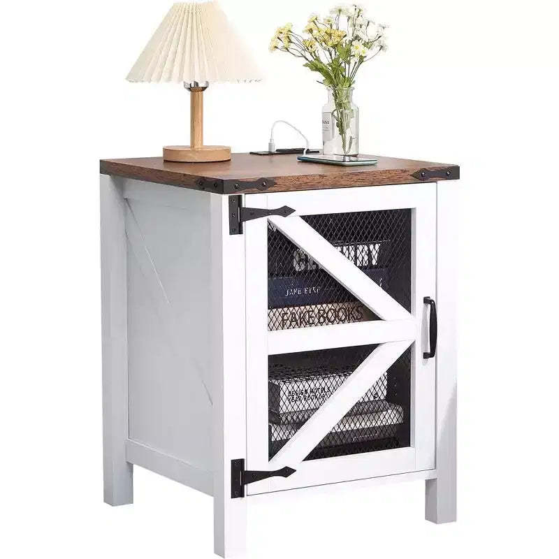 Rustic White Farmhouse Side Table with Barn Door, Space-Saving Wooden Table with Charging Station and Storage for Bedroom and Living Room