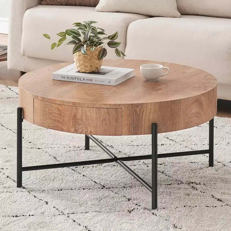 Wood Center TableCircle Coffee Table with StorageCoffee Table with DrawersVintage Coffee Table for Living Room