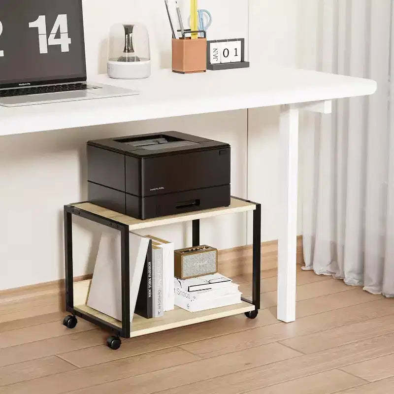 VINGLI 2 Tier Rolling Printer Stand with Storage, Desktop Printer Shelf, Heavy Duty Cart with Wheels Under Desk for Fax Machine Copier Scanner (Oak)