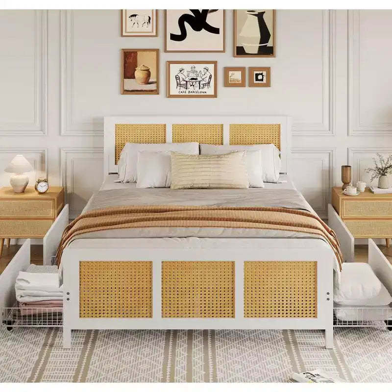 Coolmee Bohemian Rattan Bed Frame with Headboard, Platform Bed Frame with 4 Drawers, Strong Metal Slats Support, No Box Spring Needed