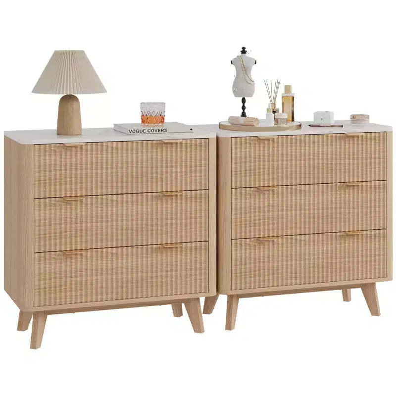 32 Width Fluted Modern Nightstands with Faux Marble Top,3 Drawer Bedside Table,Large Nightstand for Bedroom,Living Room, Hallway,Profile Design, Oak