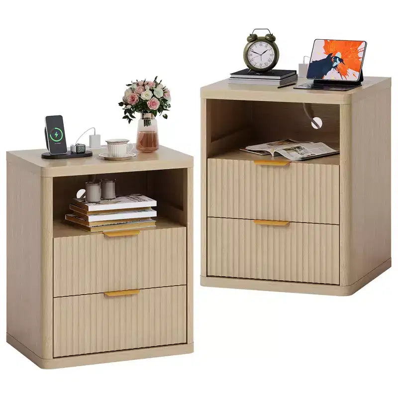 Fluted Nightstand Set of 2 with Charging Station, Modern End Table,Bedside Table with 2 Drawers and Open Storage Space,Bedroom, Living Room
