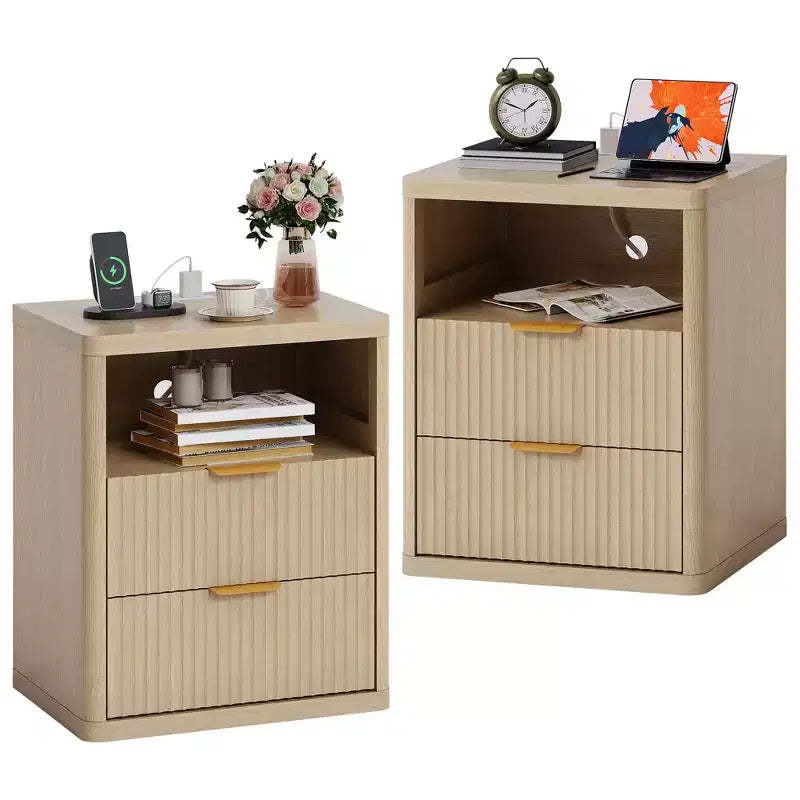 Fluted Nightstand Set of 2 with Charging Station, Modern End Table,Bedside Table with 2 Drawers and Open Storage Space,Bedroom, Living Room