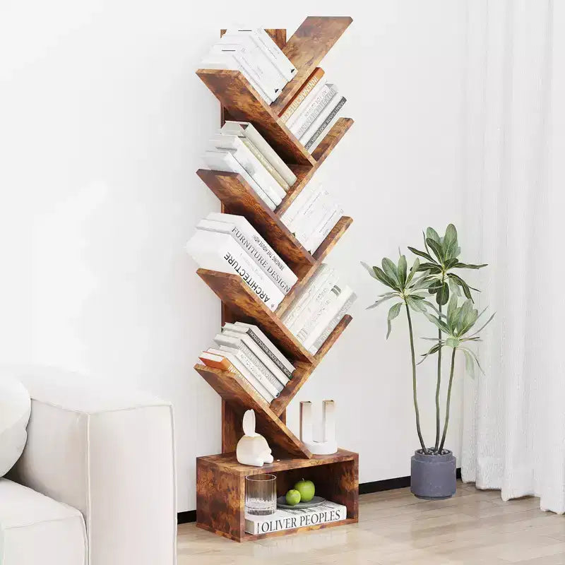 8 Tier Tree Bookshelf, Free Standing Tree Bookcase with Drawer, Utility Book Organizer Shelves, Floor Standing Book Shelf