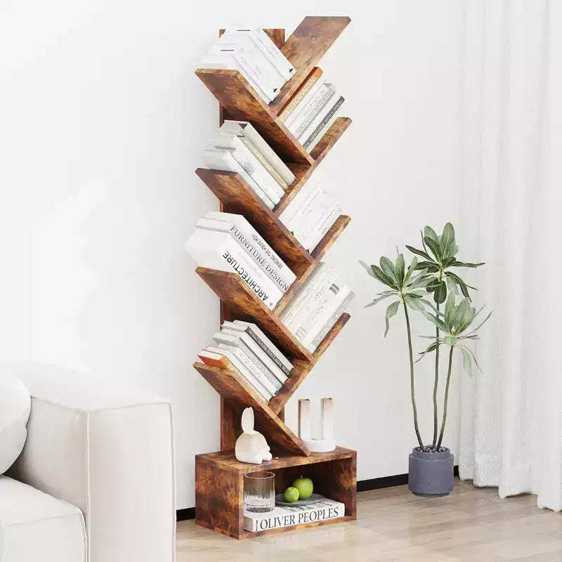 8 Tier Tree Bookshelf, Free Standing Tree Bookcase with Drawer, Utility Book Organizer Shelves, Floor Standing Book Shelf