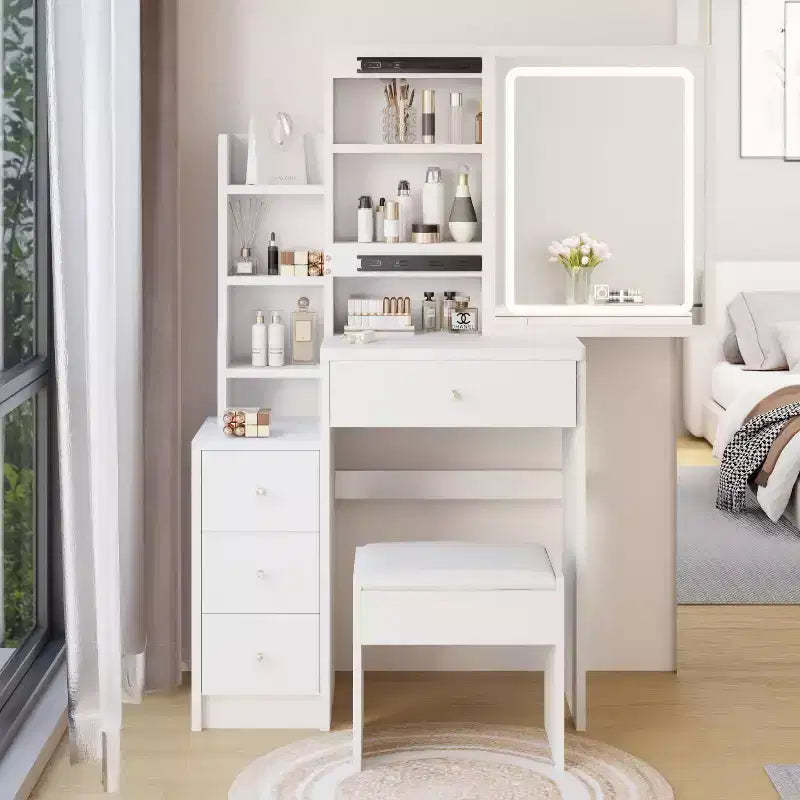 Simple Assembly Vanity Set with Stool, Assembly Video, Guide, Over 30-Piece Kit for Bedroom Makeup Area and Daily Home Outfits