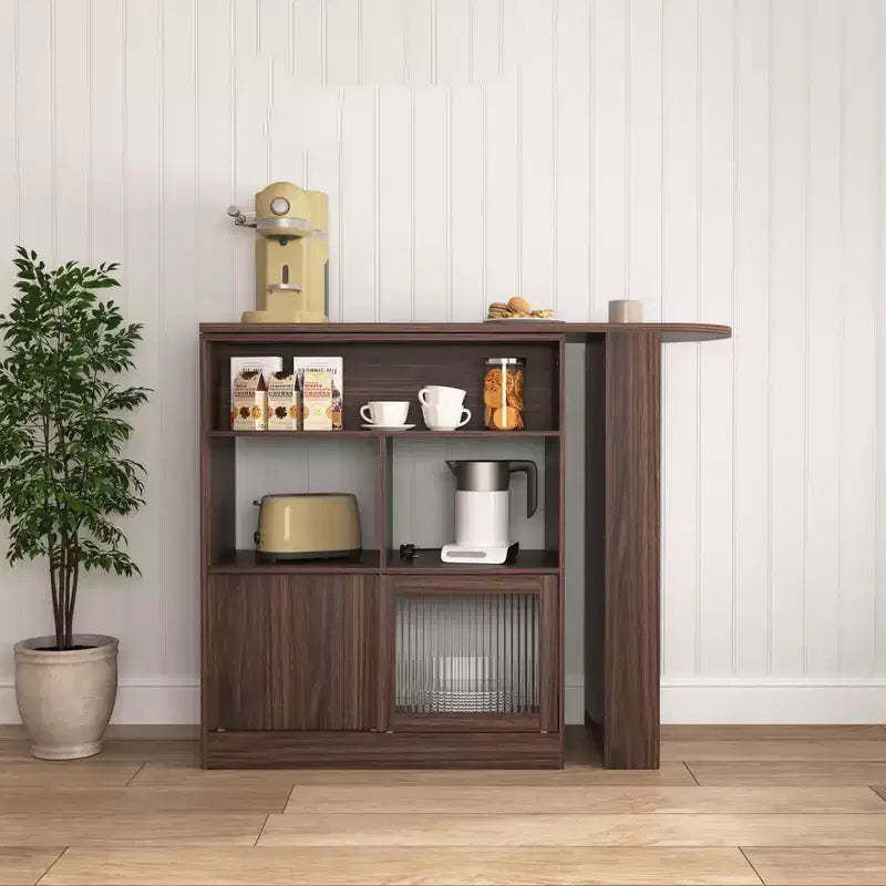 Counter Height Dining Cabinet with Storage, Ribbed Glass Door, and Rotating Top with 3 Shelves, Modern Bar Cabinet for Dining Room and Living Room