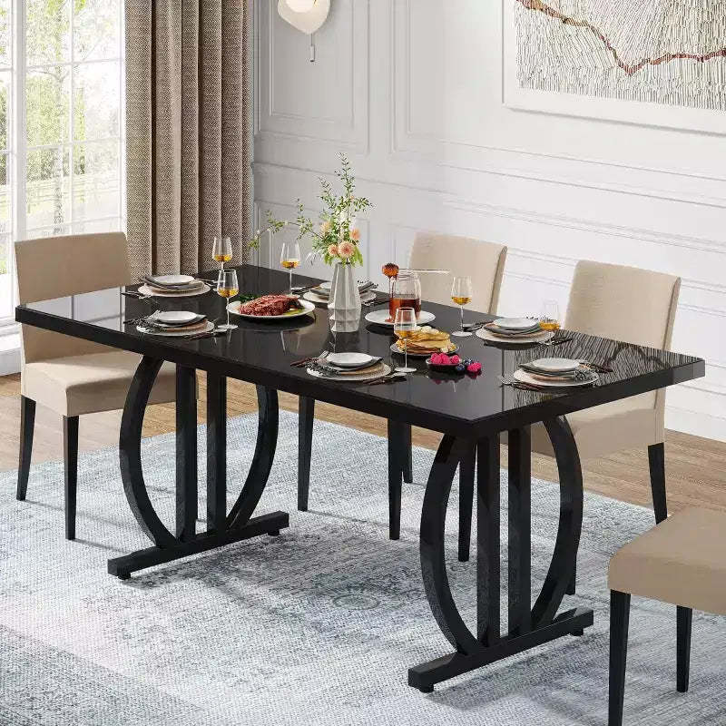 Lantine Dining Table for 6 People, 63 Rectangle Kitchen Table with Metal Frame, Modern Dinner Table for Home, Dining Room, Black