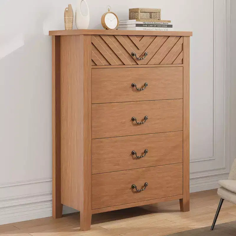 Farmhouse 5 Dresser for Bedroom, 5 Chest of Drawers Nightstand with Elegant V Shape Design,for Bedroom