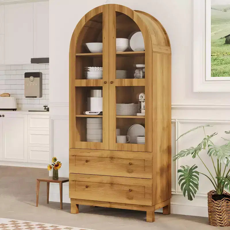 Modern Wooden Pantry Cabinet with 2 Drawers, Arched Storage Cabinet with Acrylic Doors for Kitchen, Dining Room,