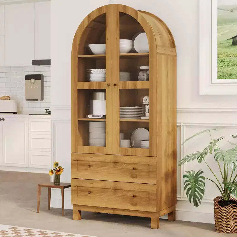 Modern Wooden Pantry Cabinet with 2 Drawers, Arched Storage Cabinet with Acrylic Doors for Kitchen, Dining Room,
