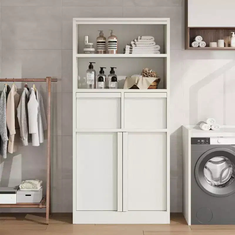 GustoWave 51 Tall Wood Storage Cabinet, Bathroom Cabinet with Open Shelves, 2 Drawers & 2 Doors