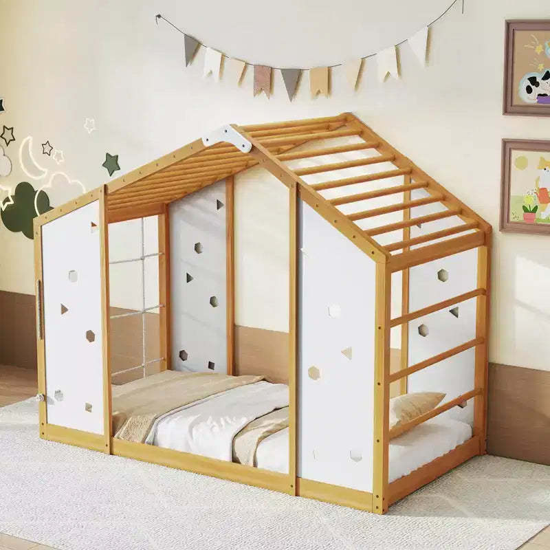 Costway Twin Size Climbing Bed, 2-in-1 Montessori Floor Bed with Monkey Bars for Boys Girls