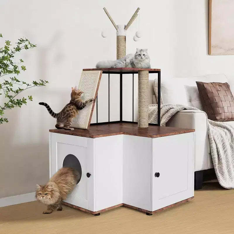 Cat Tree with Litter Box Enclosure, Hidden Litter Box Furniture with Scratching Post