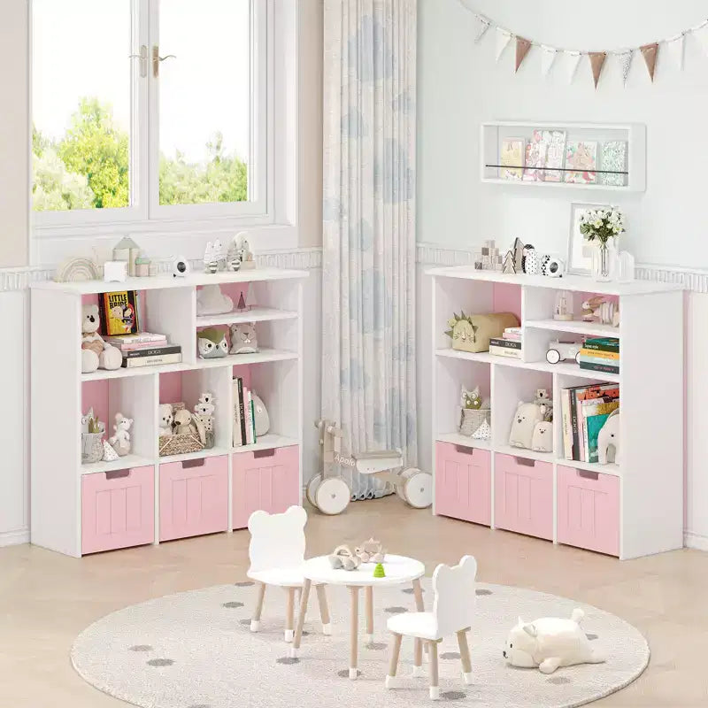 Kids Storage Organizer Cabinet, Kids Bookcase with 3 Movable Drawers, Kids Storage Chest for Playroom Nursery Bedroom, Pink