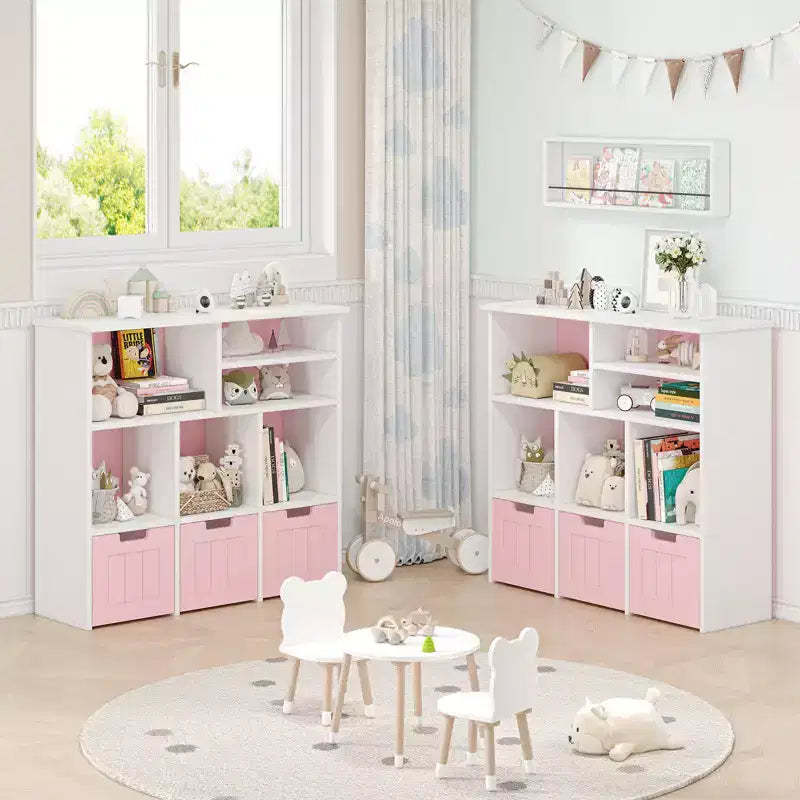 Kids Storage Organizer Cabinet, Kids Bookcase with 3 Movable Drawers, Kids Storage Chest for Playroom Nursery Bedroom, Pink