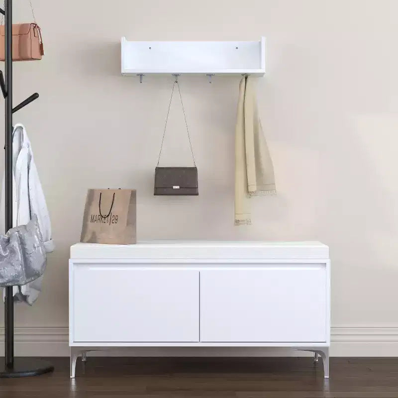 Storage Bench and Wall-Mounted Entryway Shelf with Hooks Set, Entryway Shoe Bench Shoe Cabinet Storage Chest with Cushion, White - ModernLuxe