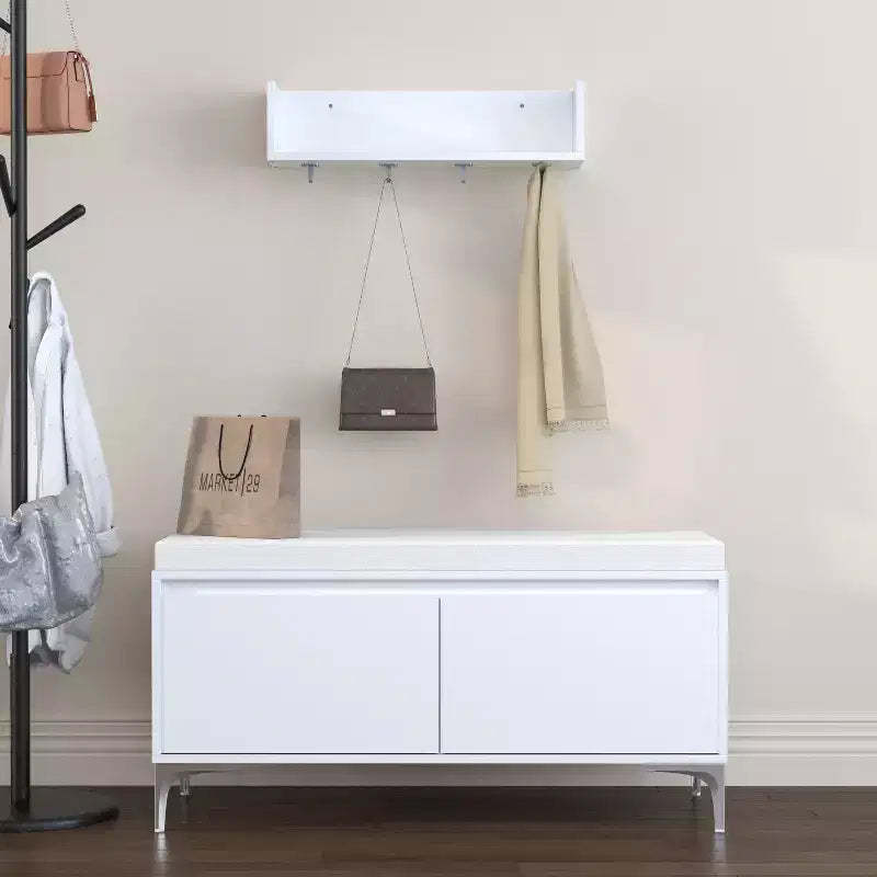 Storage Bench and Wall-Mounted Entryway Shelf with Hooks Set, Entryway Shoe Bench Shoe Cabinet Storage Chest with Cushion, White - ModernLuxe