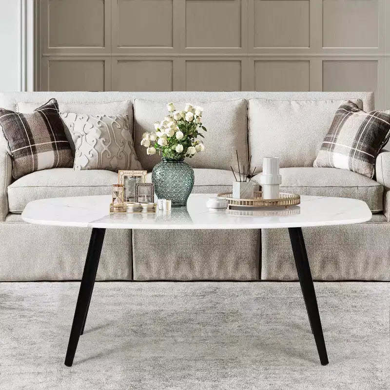 FurnitureR Modern Coffee Table 43.3 Inches Rectangular Simple Style Center Table, Minimalist Wooden Cocktail Table for Living Room (Marble)