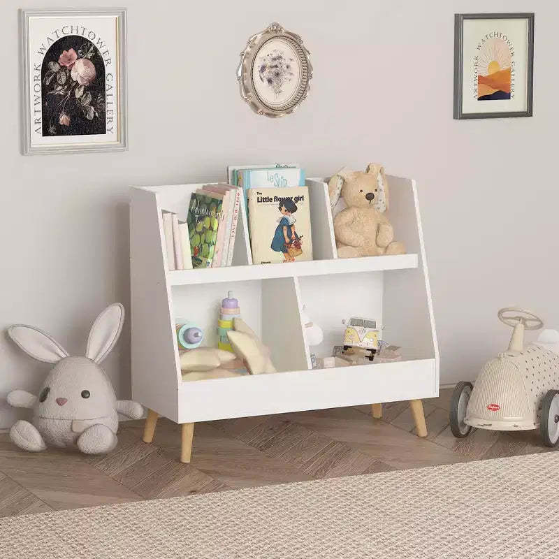 Whisen Kids Bookshelf and Toy Organizer, Open Bookcase, 2-Tier Baby Storage Display Organizer with Legs - White