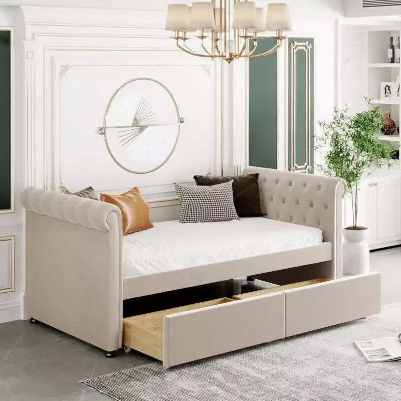 Upholstered Twin Bed Daybed with Drawers, Wood Twin Size Daybed with Storage Drawers