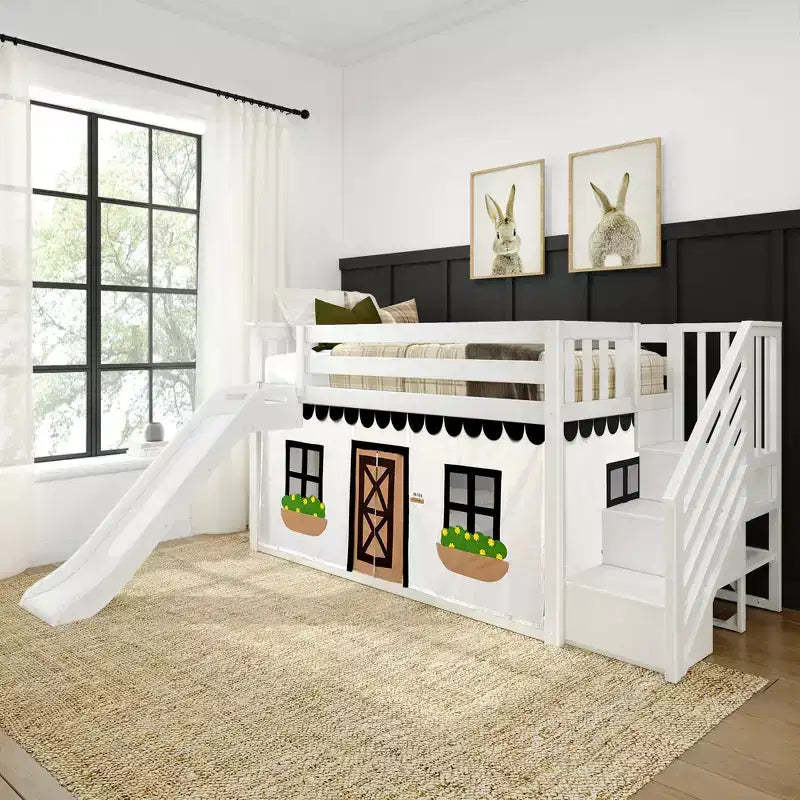 Twin Low Loft With Stairs, Easy Slide & Black & White Farmhouse Curtain