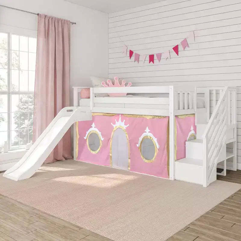 Twin Low Loft With Stairs, Easy Slide & Light Pink & Gold Princess Curtain