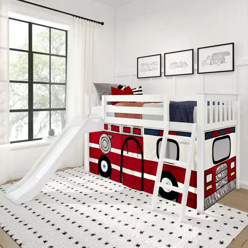 Twin Low Loft With Easy Slide & Firetruck Curtain