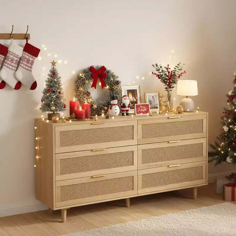 Homy Casa 6 Drawer Rattan Storage Cabinet with Wood Frame and Brass Handles, Natural Oak