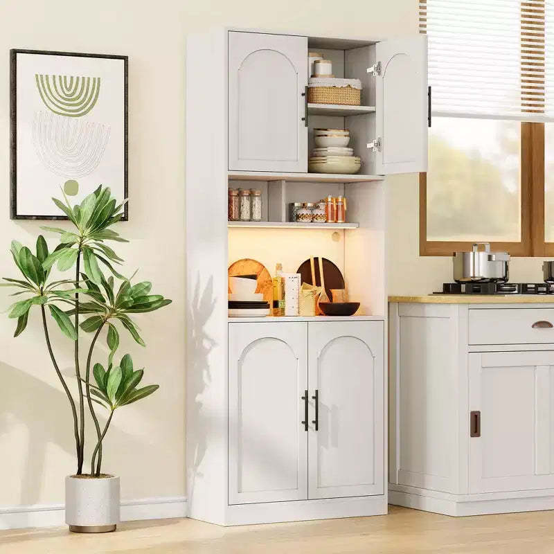 71.9Tall Arched Bookshelf, 7 Tier Farmhouse Wood Storage Cabinet with RGB Light, Barn Doors & 2 Open Shelves, for Living Room, Dining Room, Bathroom