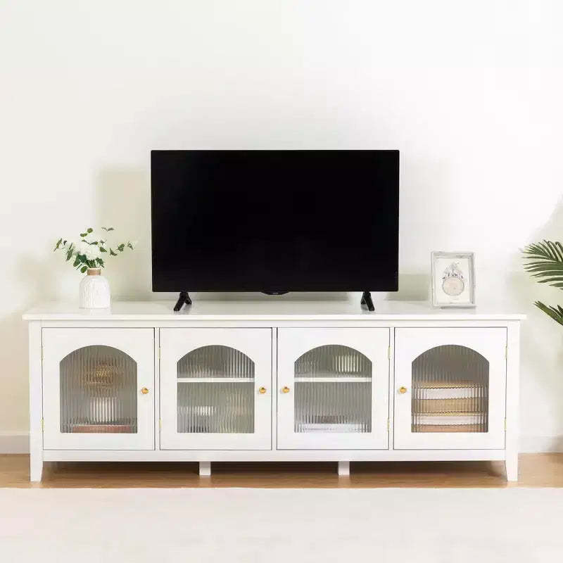 Modern TV Stand for 70 Inch TV, Media Console with Hard Wood Frame, Entertainment Center with Glass Door and Metal Handle for Living Room