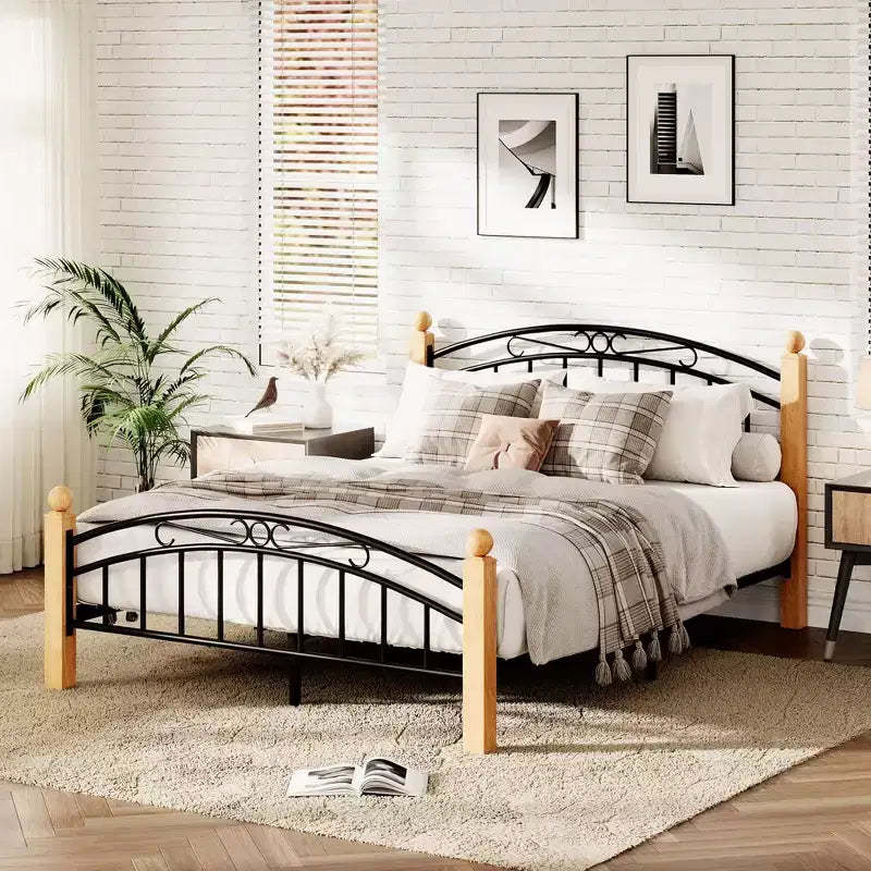 Wooden Platform Bed Frame with Headboard  No Box Spring Needed, Under-Bed Storage