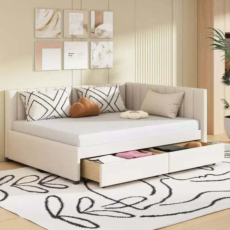 Full Size Upholstered Daybed with Storage Drawers, Linen L-Shaped Sofa Bed with Headboard and Armrest for Living Room