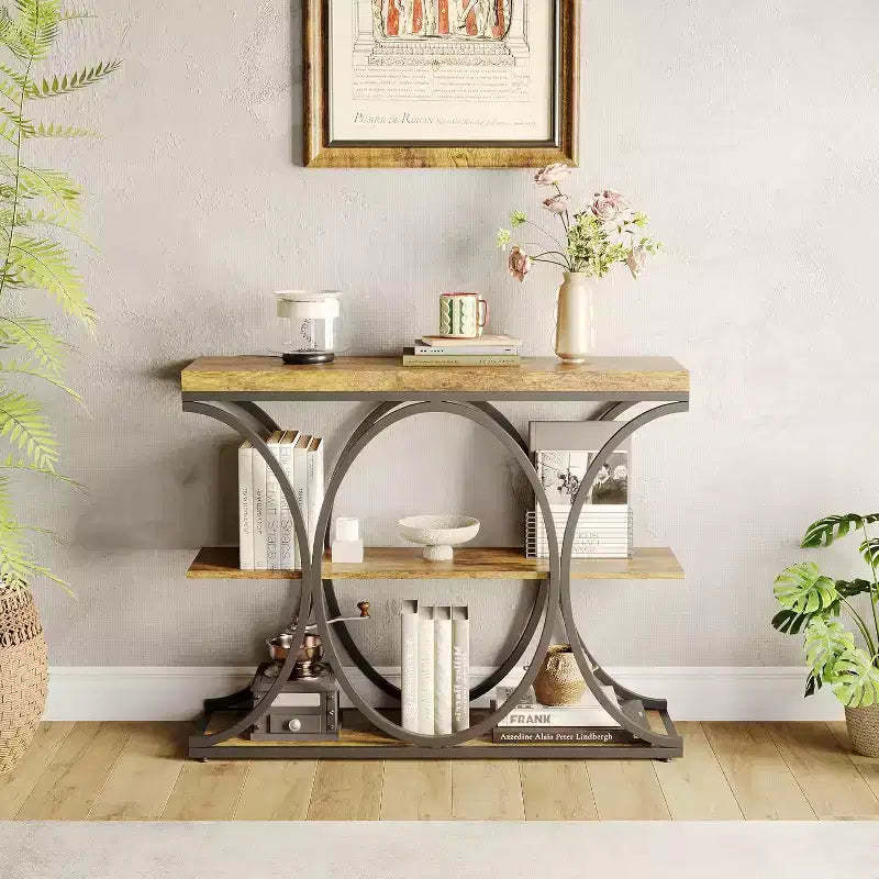 39 Industrial Entryway Table, 3-Tier Console Table Sofa Table with Hale-Circle Metal Frame