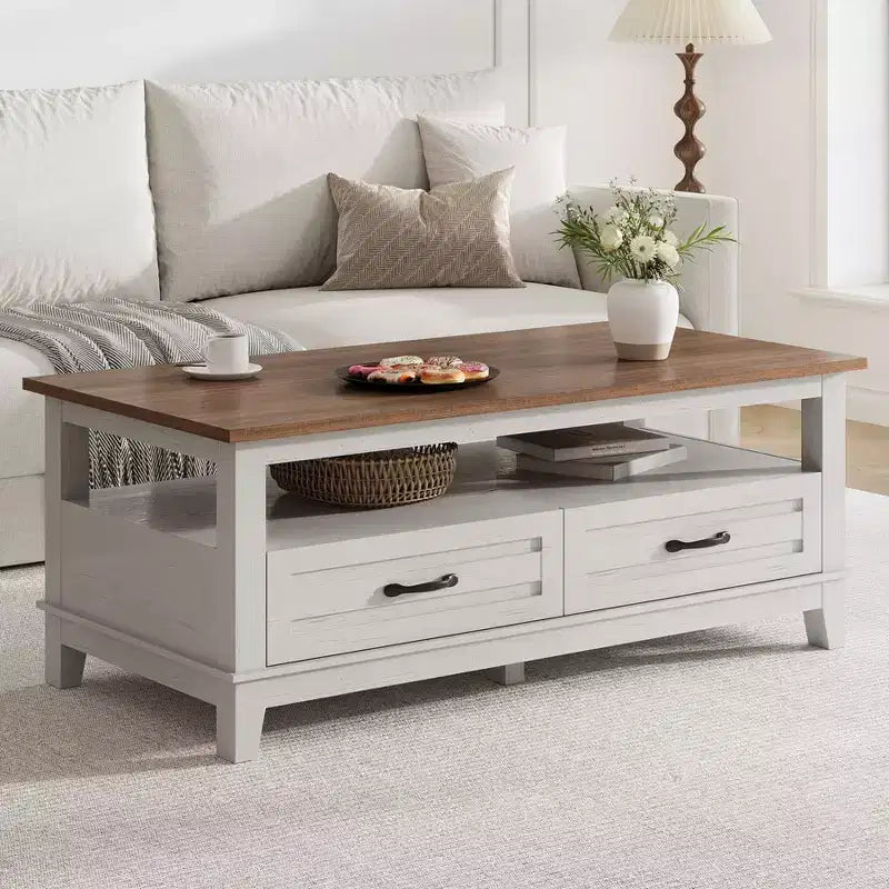 Farmhouse Coffee Table with Drawers - 47.2 in Rustic White Brown Center Table, 6 Support Legs & Open Shelf for Living Room