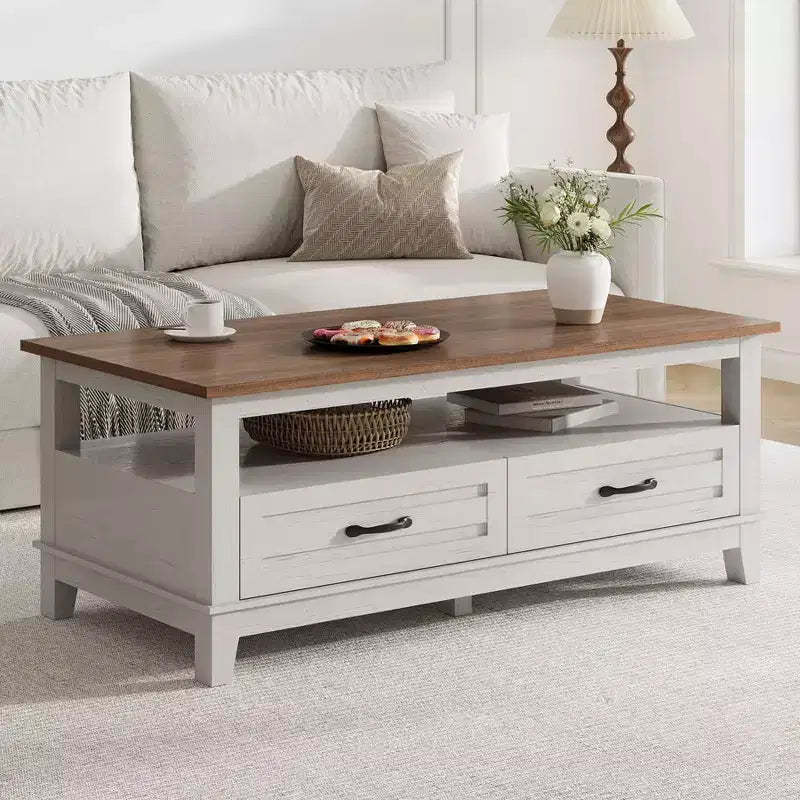 Farmhouse Coffee Table with Drawers - 47.2 in Rustic White Brown Center Table, 6 Support Legs & Open Shelf for Living Room