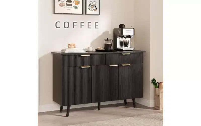 GustoWave 47 Sideboard Buffet Cabinet with Storage,Large Coffee Bar Cabinet Featuring 3 Fluted Doors and 2 Drawers, Adjustable Shelves, Black Finish