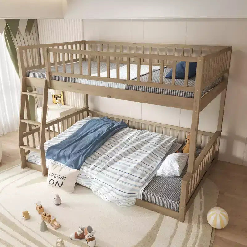 Bellemave Full XL over Queen Bunk Bed with Ladder and Guardrails, brown