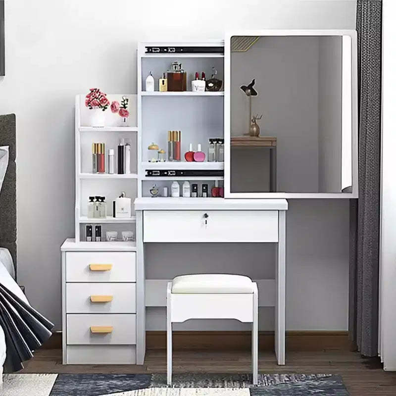 GDFStudio Tess 34.8'' Modern Mirror Vanity Desk with Lights, 1 Chair, 4 Drawers and Open Shelves