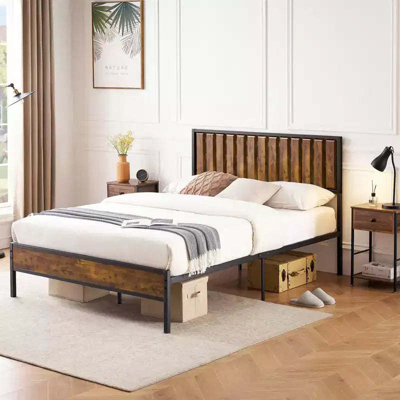 Metal Platform Bed Frame with Wooden Headboard and Footboard, 14 Slats Support, No Box Spring Needed, Noise-Free, Easy Assembly