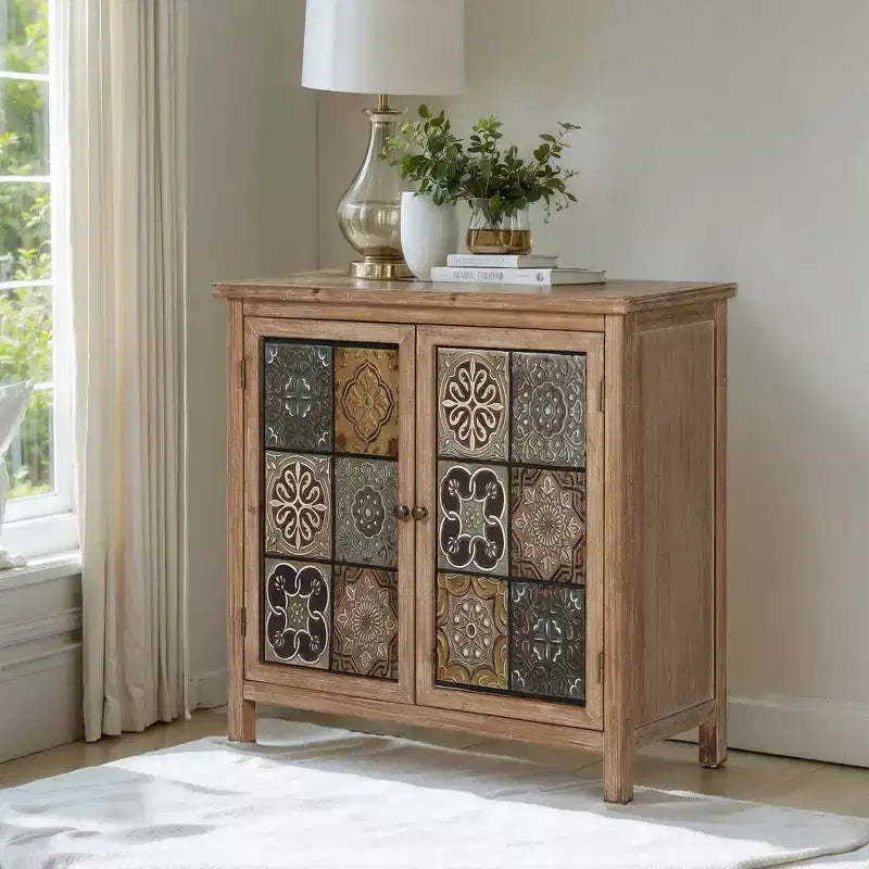 Captiva Designs Accent Distressed Checkered Patterns Storage Cabinet with 2 Doors for Entryway Living Room