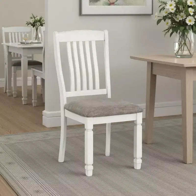 Royal Hampton Side Dining Chair Set of 2, Rustic White Wood, Gray Fabric, Slat Back